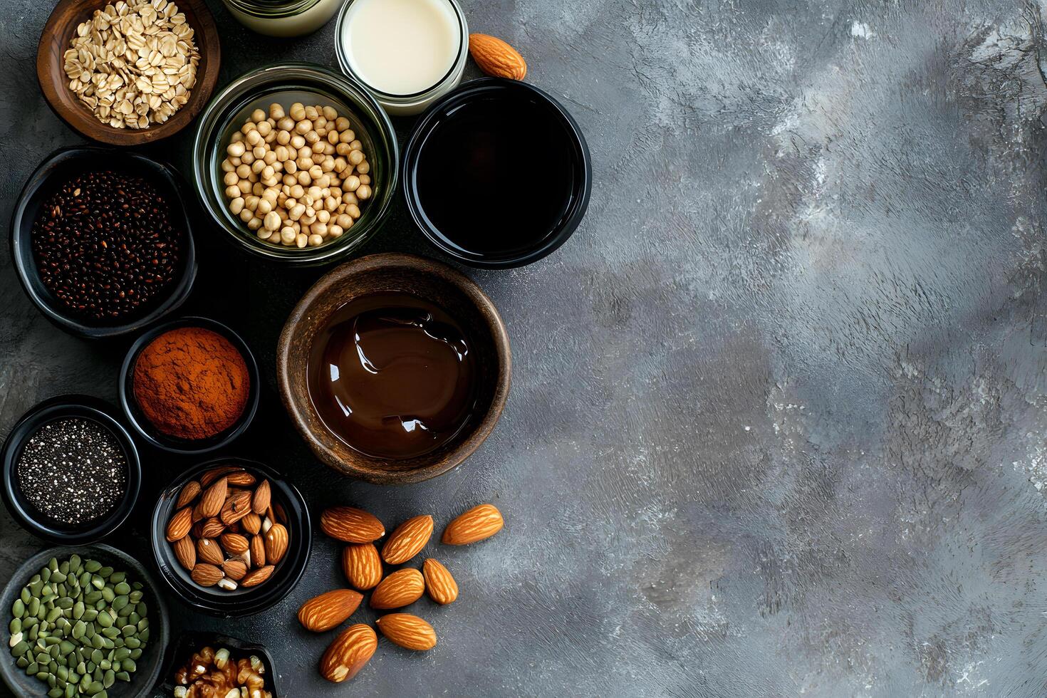 Overhead view showcases bowls filled with assorted ingredients on a textured grey surface, creating a balanced composition photo