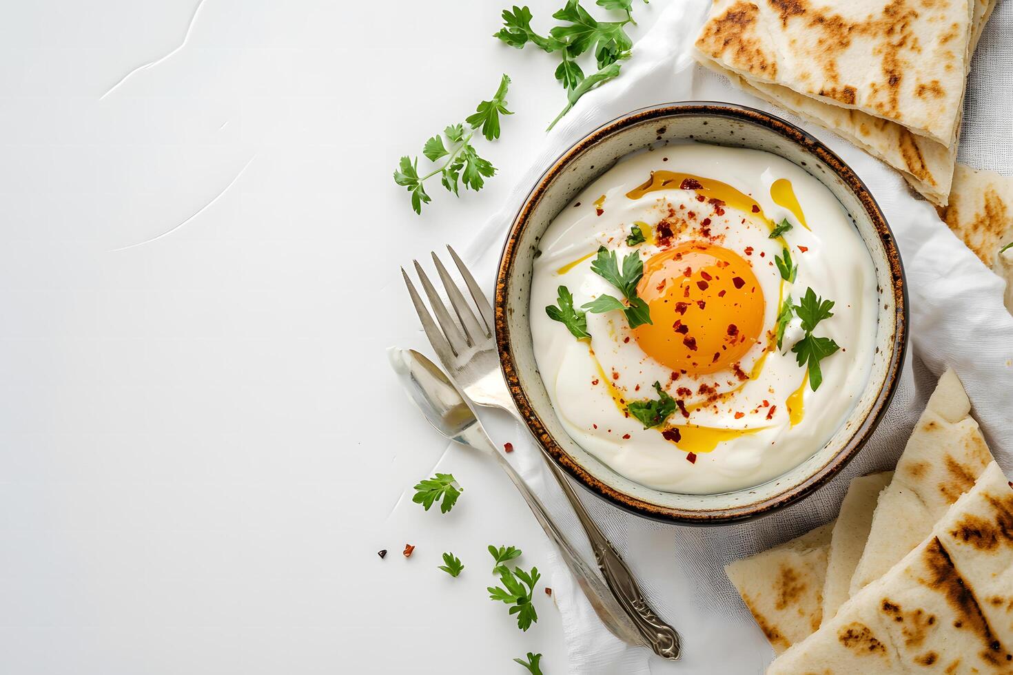 Overhead view shows Turkish eggs in a bowl, accompanied by pita bread slices photo