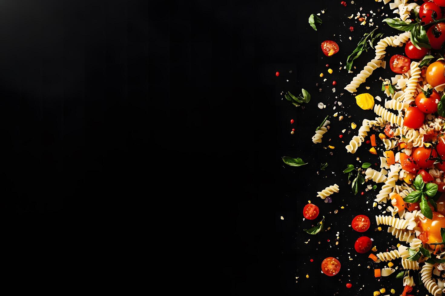 Pasta, cherry tomatoes, and basil leaves are scattered artistically on a dark background photo