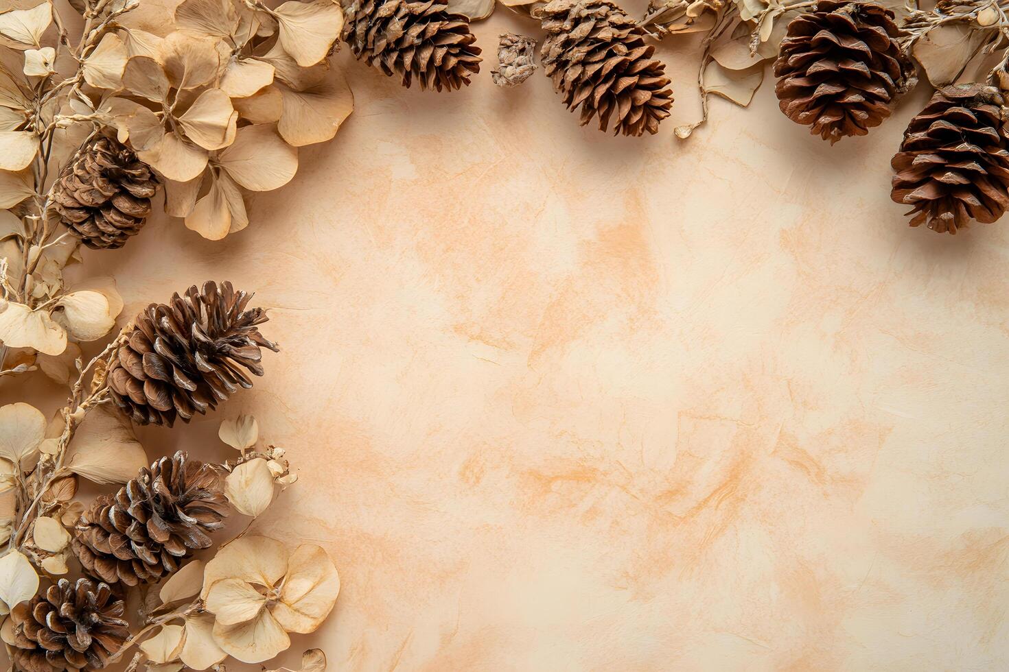 Pinecones and beige dried Hydrangea flowers create an autumnal, rustic frame with copy space photo