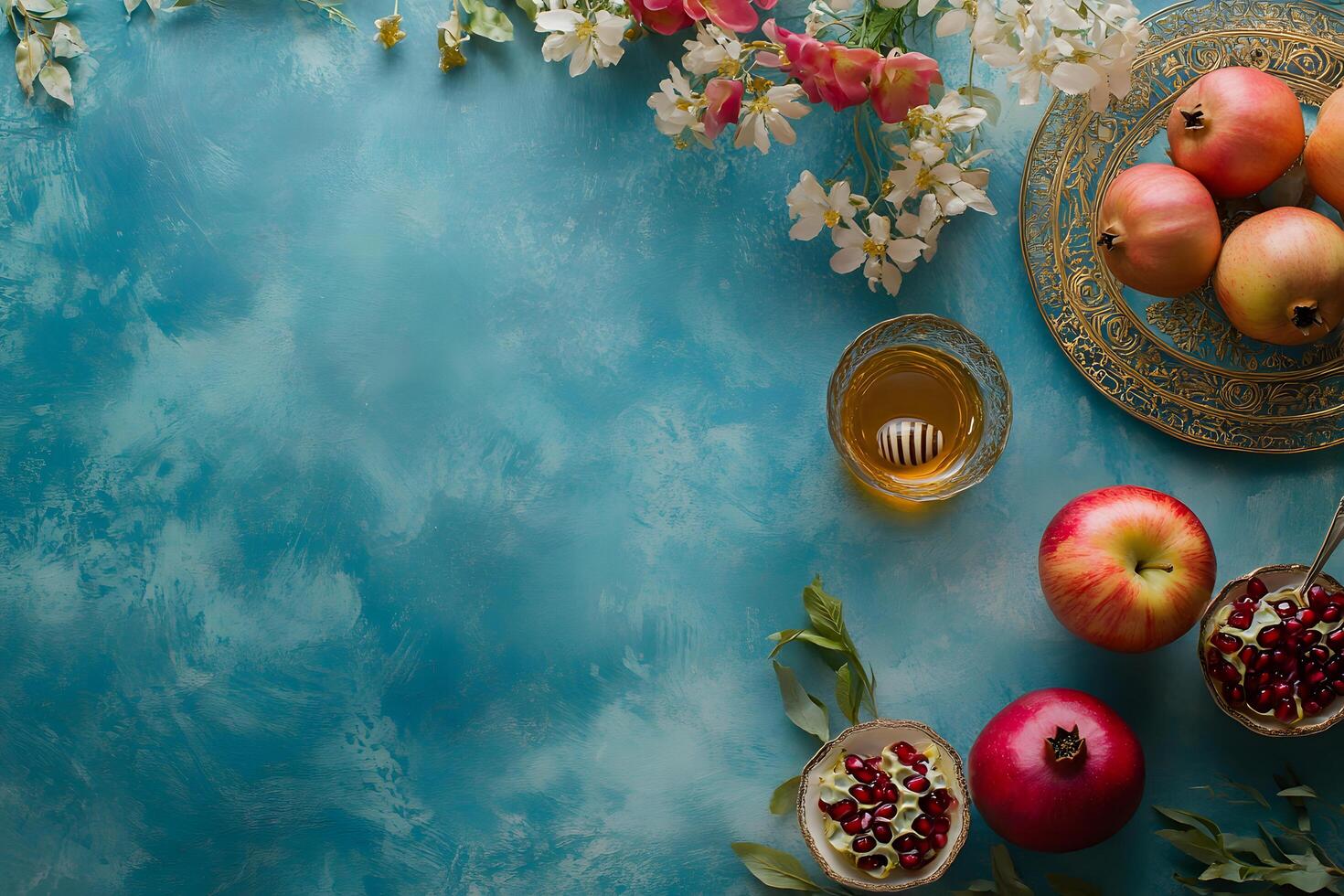 Pomegranates and apple lie near honey on a blue textured backdrop with flowers photo