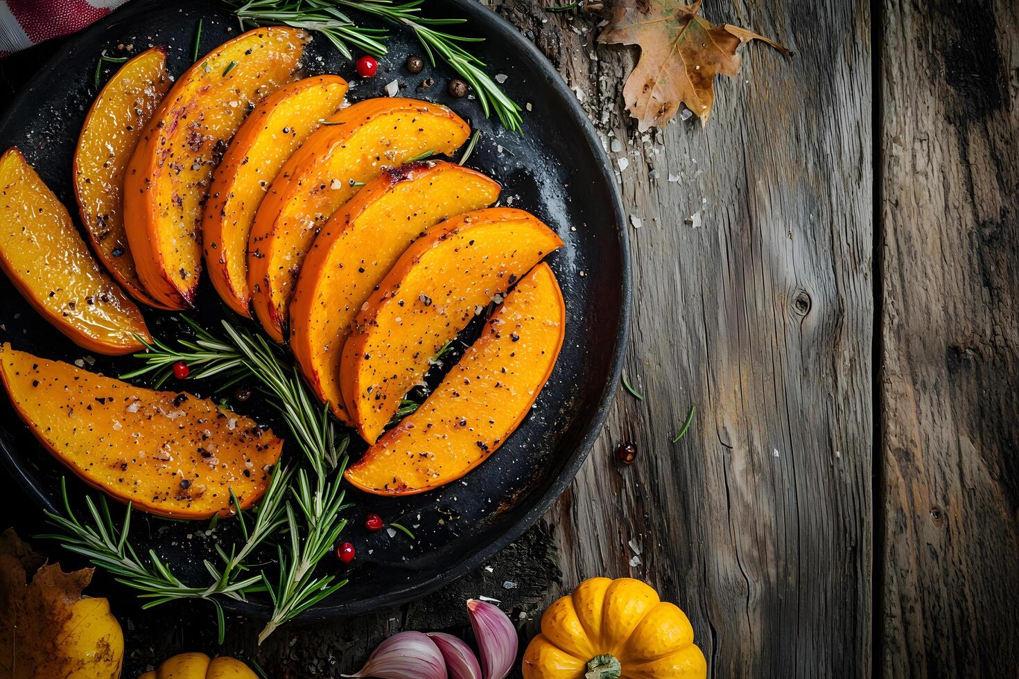 Pumpkin slices are arranged artistically on a black plate with rosemary and other vegetables photo