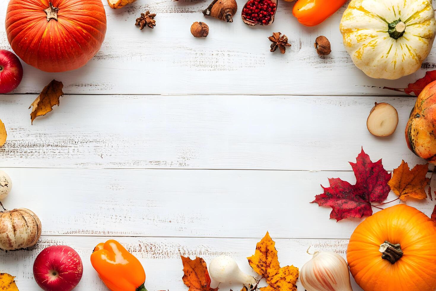 Pumpkins, apples, and gourds create a vibrant autumn border on a rustic wooden surface photo