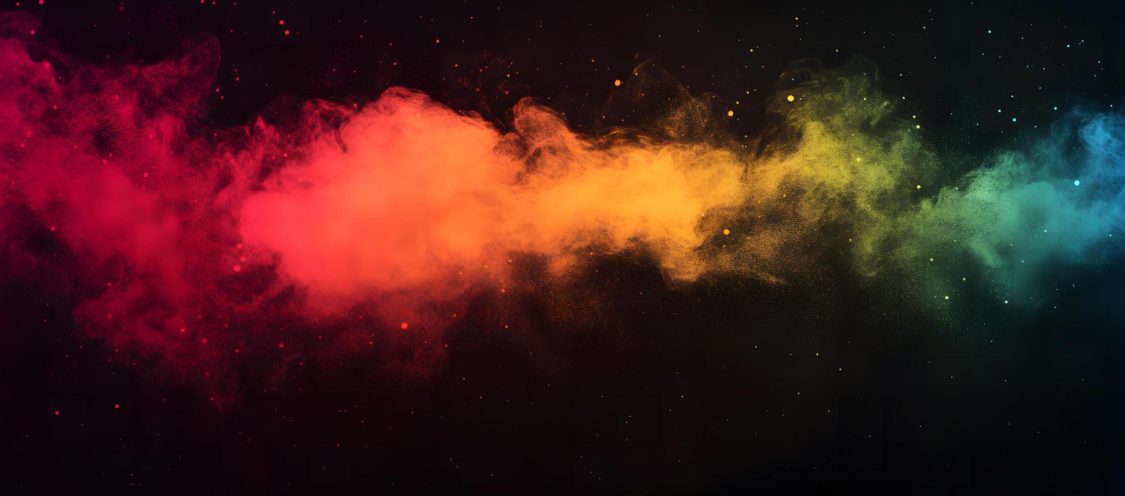 Radiant rainbow smoke gradually shifts across the dark backdrop, creating a celestial, colorful burst photo