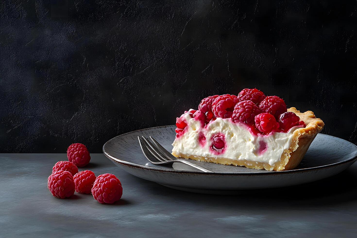 Raspberry cheesecake slice on plate alongside silver fork sits against a textured black backdrop photo