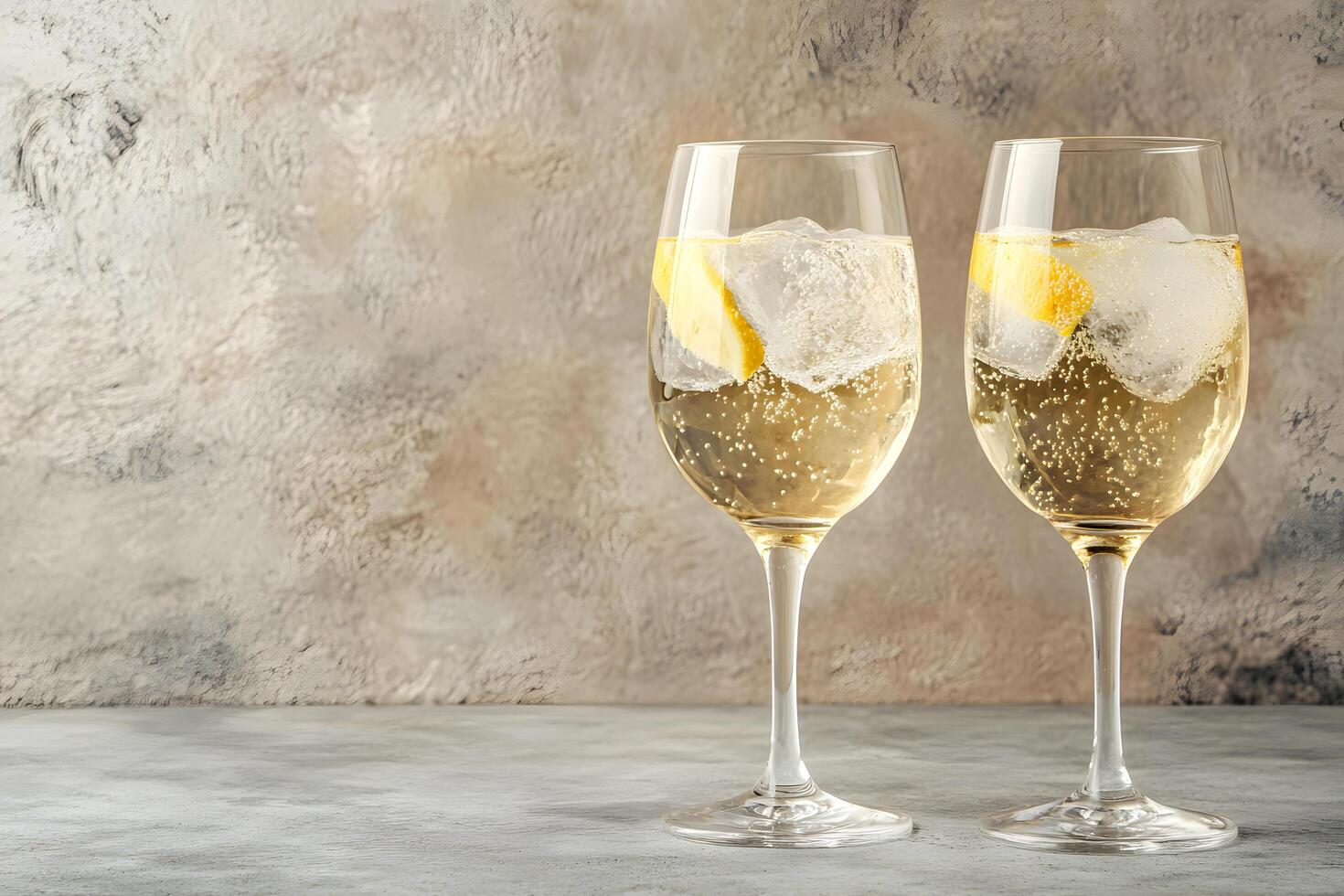 Refreshing chilled glasses of sparkling wine with lemon sit elegantly on a concrete surface photo