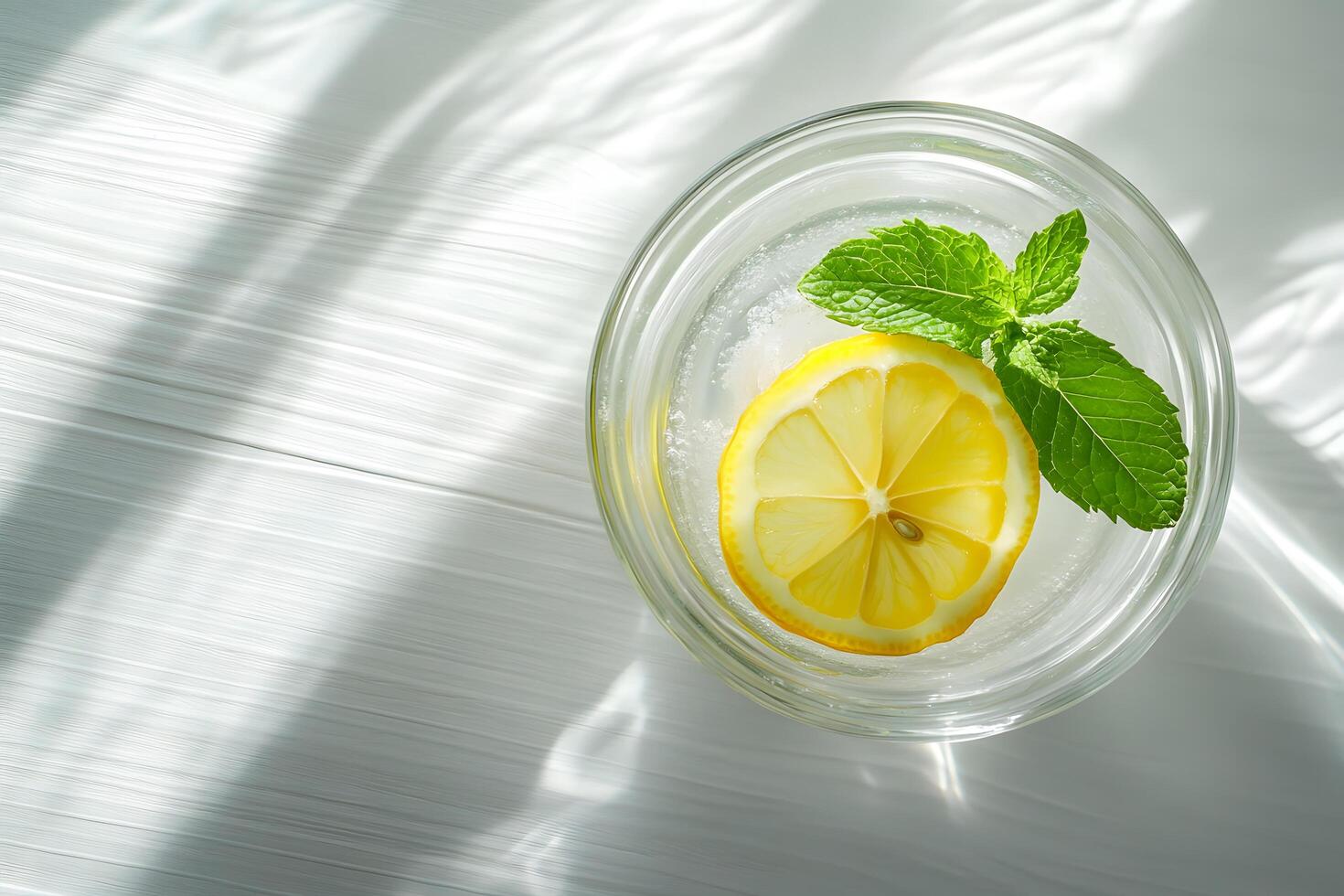 Refreshing lemon slice and vibrant mint leaves float inside clear glass against sunlit wooden surface photo