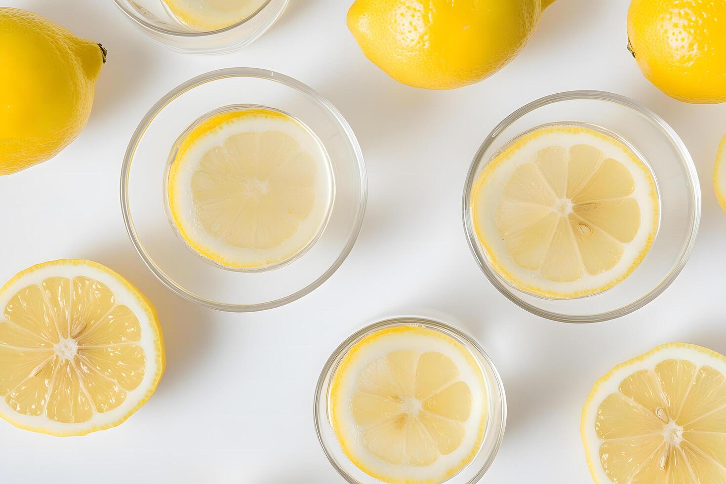 Refreshing whole lemons surround citrus slices floating gracefully in glasses of chilled water photo