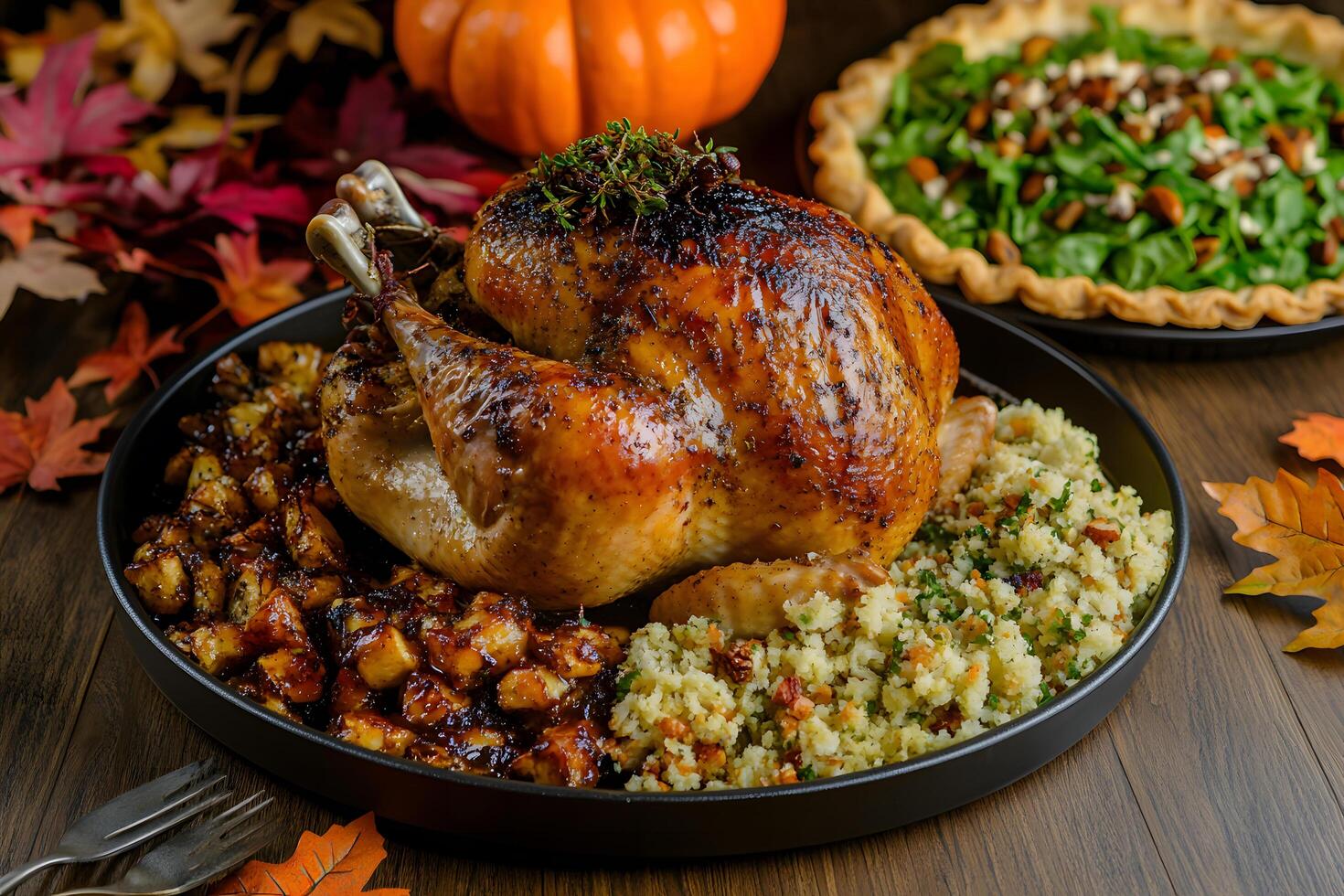 Roasted chicken is topped with thyme and accompanied by two salads on a black plate photo