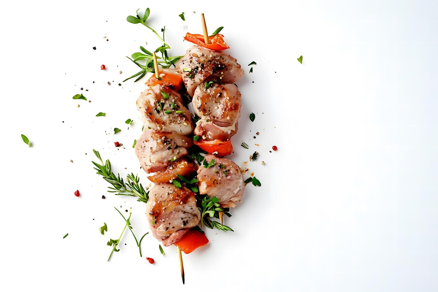 Roasted meat kebab skewer served with bell pepper and rosemary rests on white backdrop photo