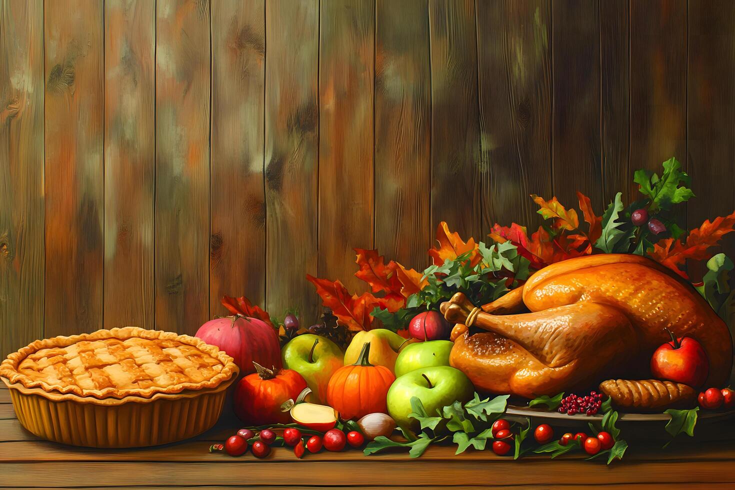 Roasted turkey rests amid fall foliage, fruits, and delicious pie against wooden backdrop photo