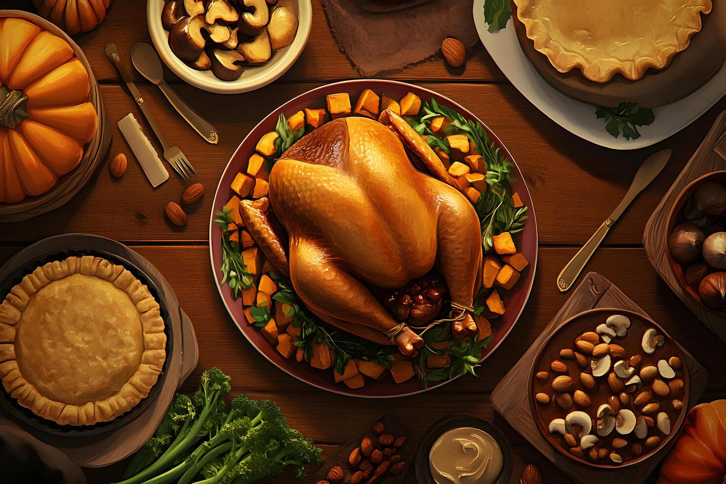 Roasted turkey alongside vibrant vegetables and pies forms a captivating Thanksgiving feast on wooden table photo