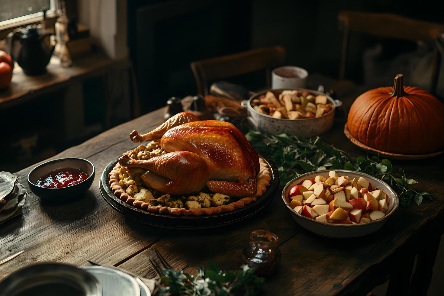 Roasted turkey with pie crust and pumpkin features a rustic Thanksgiving table setting photo