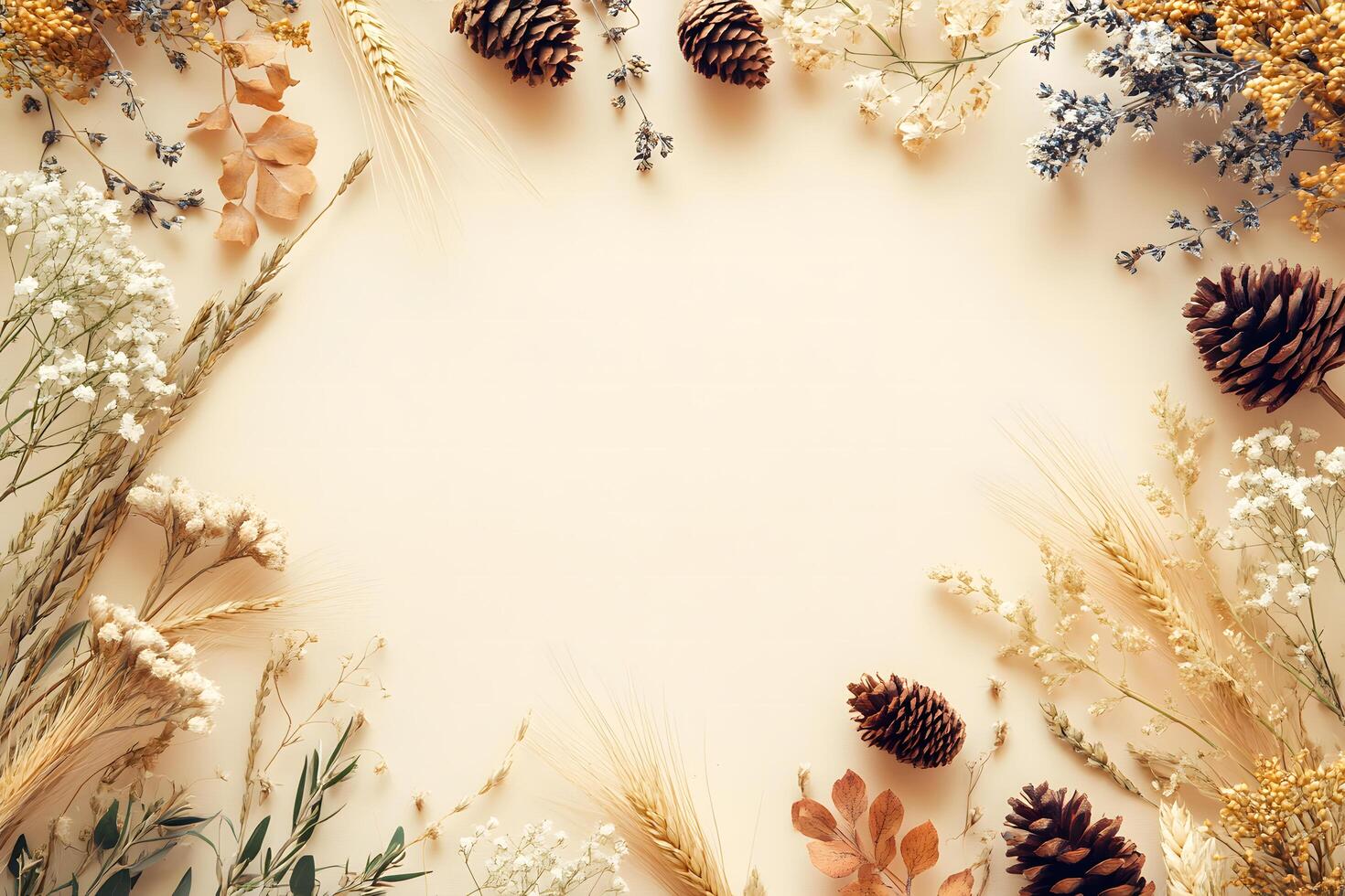Rustic autumn frame features pine cones, dried flowers and wheat on a cream background photo