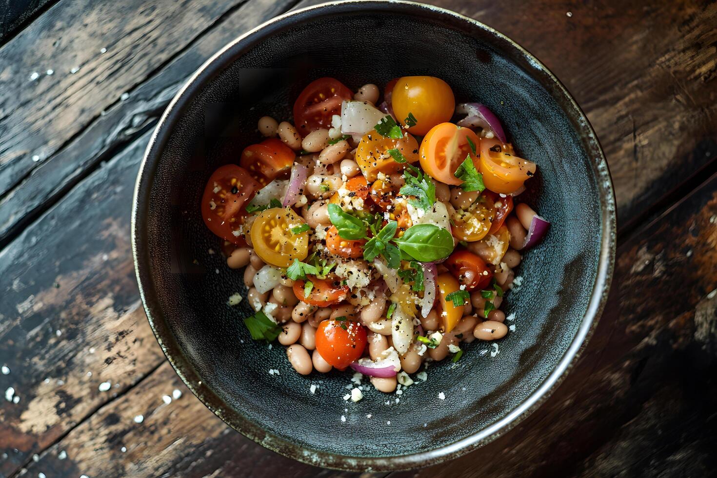 Rustic bean salad presents vibrant tomatoes and red onions in dark textural bowl photo