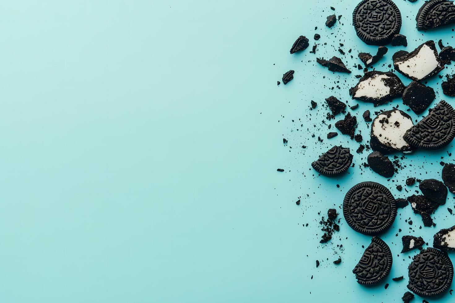 Scattered chocolate cream cookies along the right border on the bright light blue background show sweetness photo