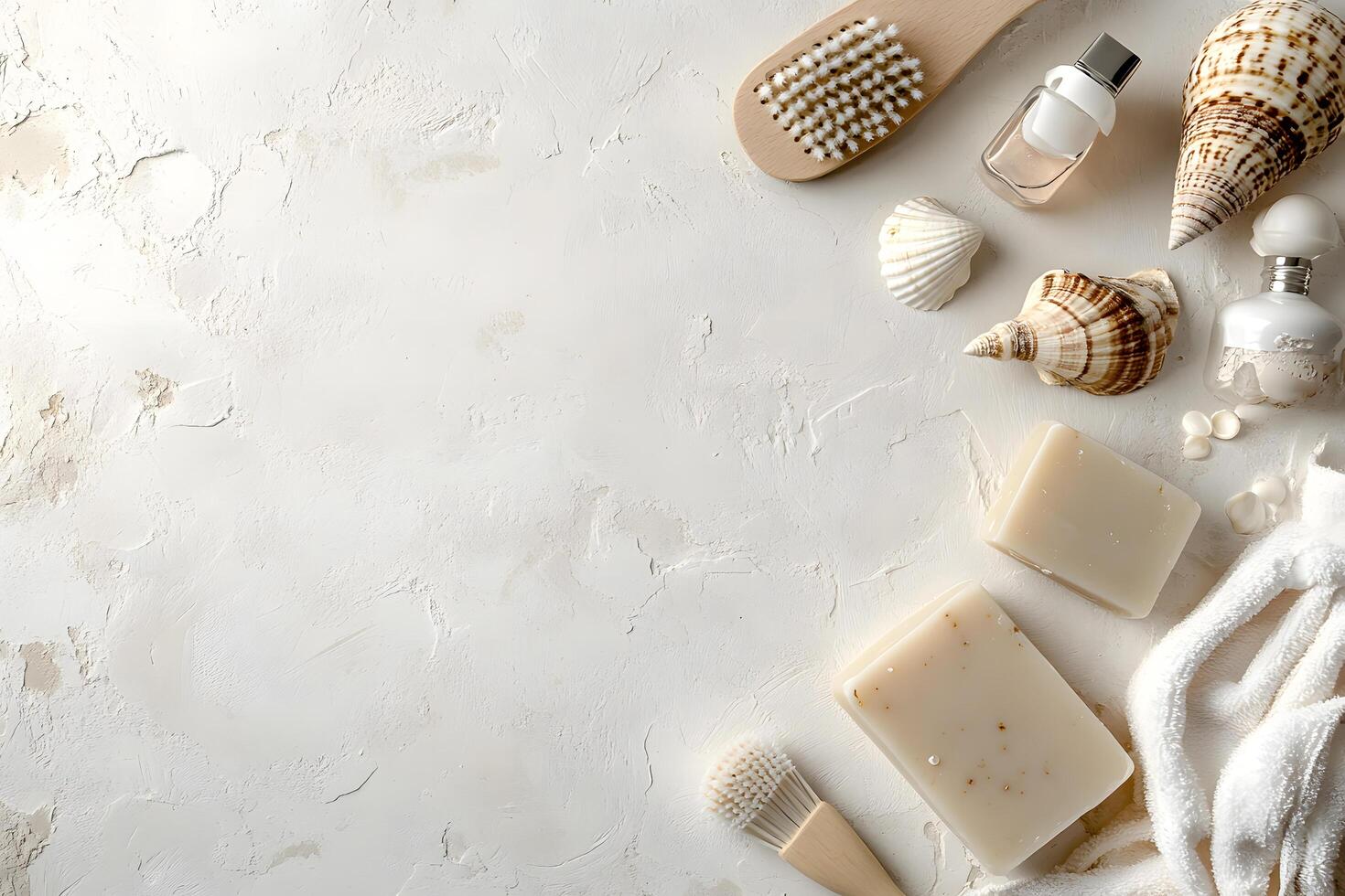 Seashells, perfume bottles, soaps, and brushes artfully arranged on a textured, offwhite surface create a serene scene photo