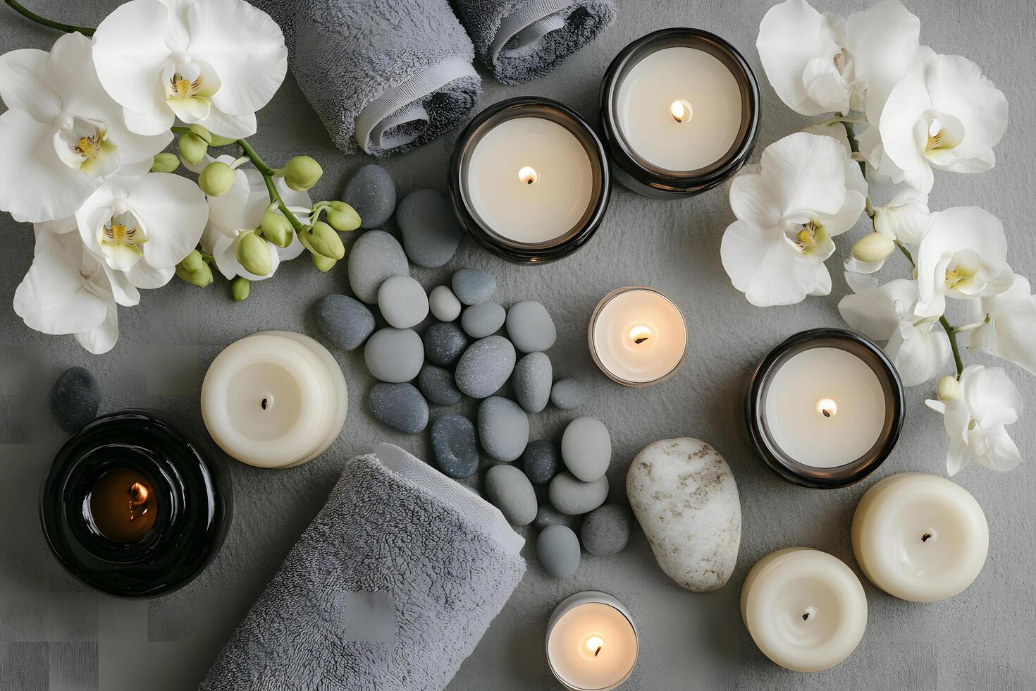 Serene spa arrangement displays soft white orchids, smooth gray stones, lit candles, and folded towels photo