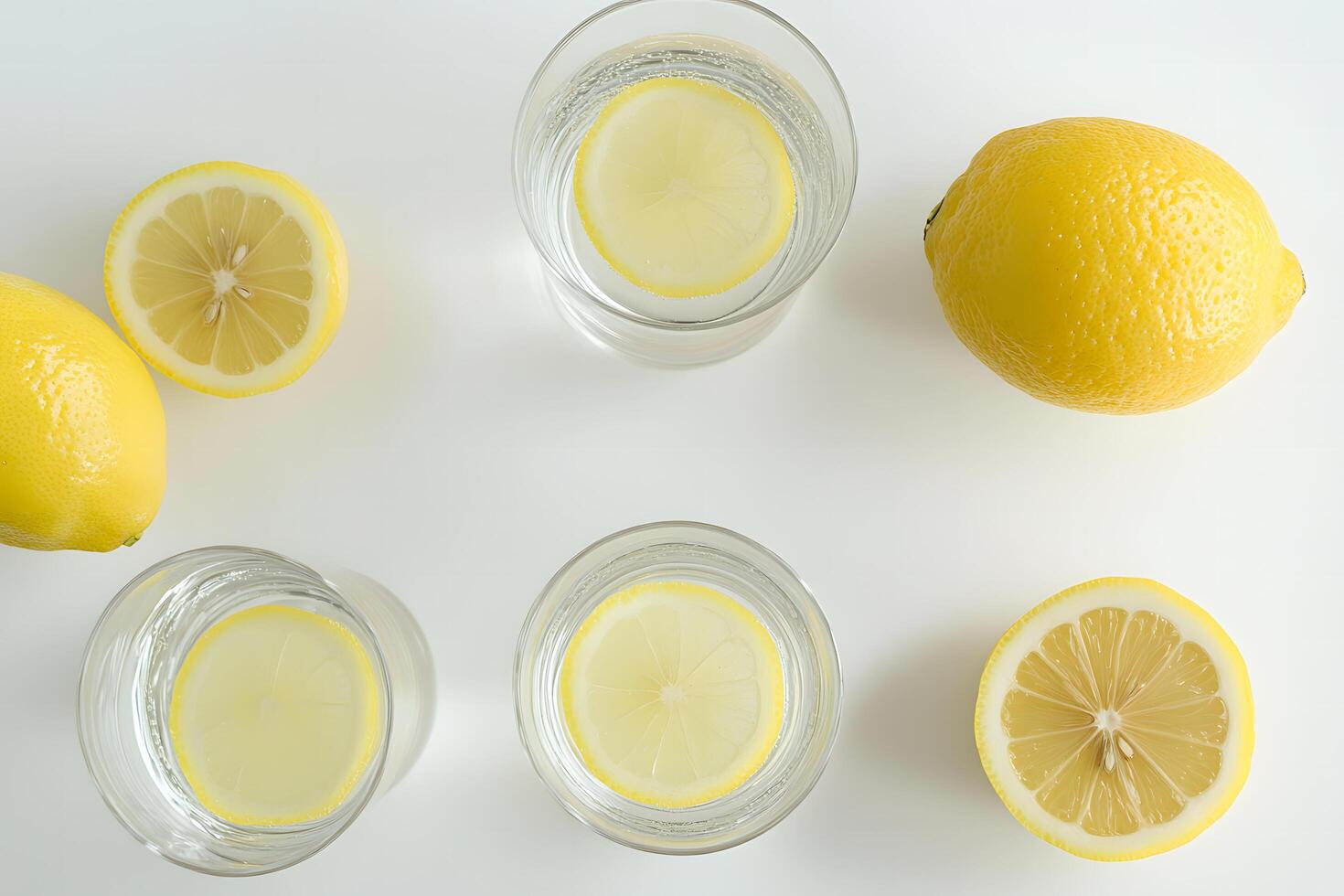Several whole lemons and citrus slices float inside clear glasses with water on white photo