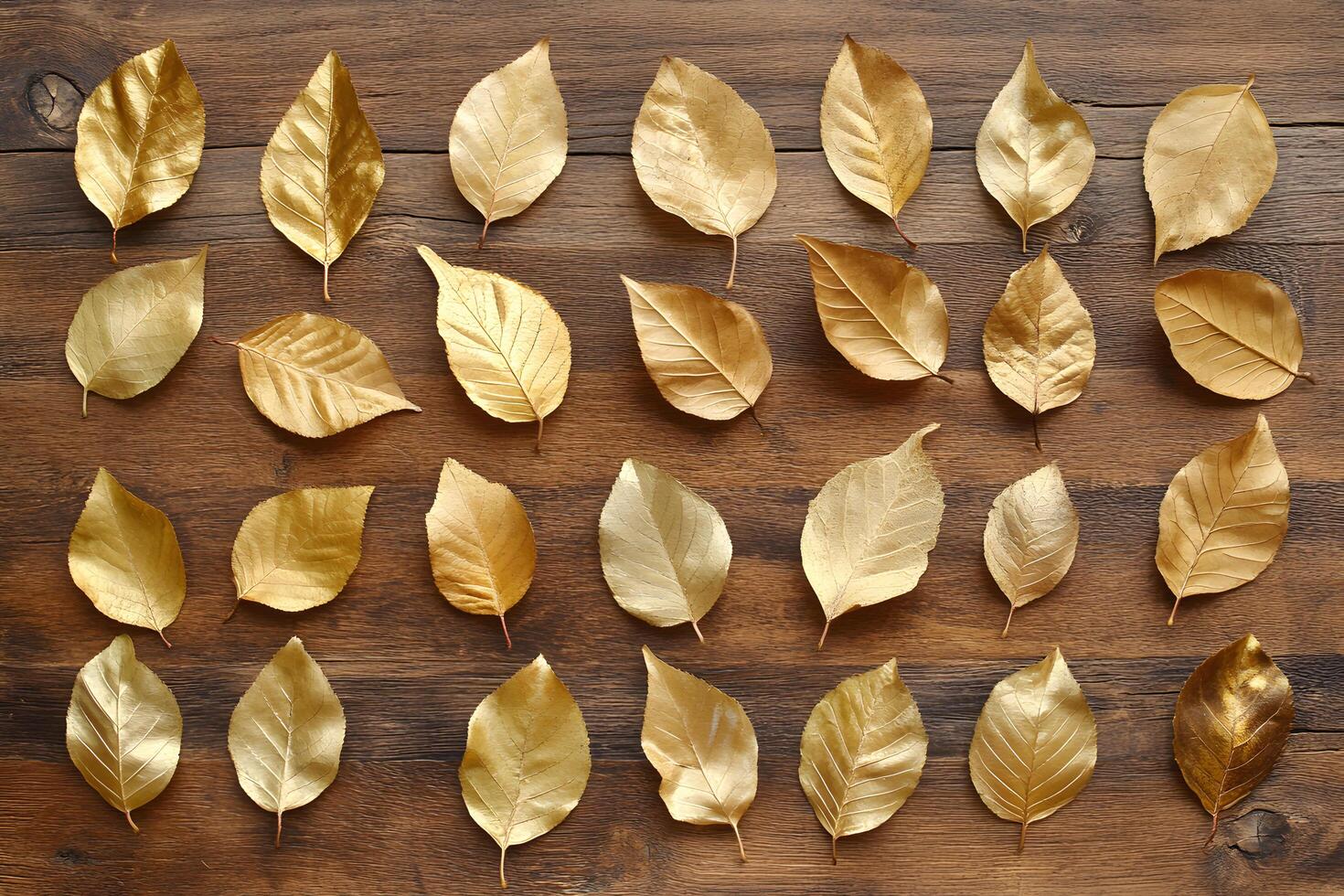 Shiny golden leaves are arranged neatly on a rustic brown wooden background, creating a rich contrast photo