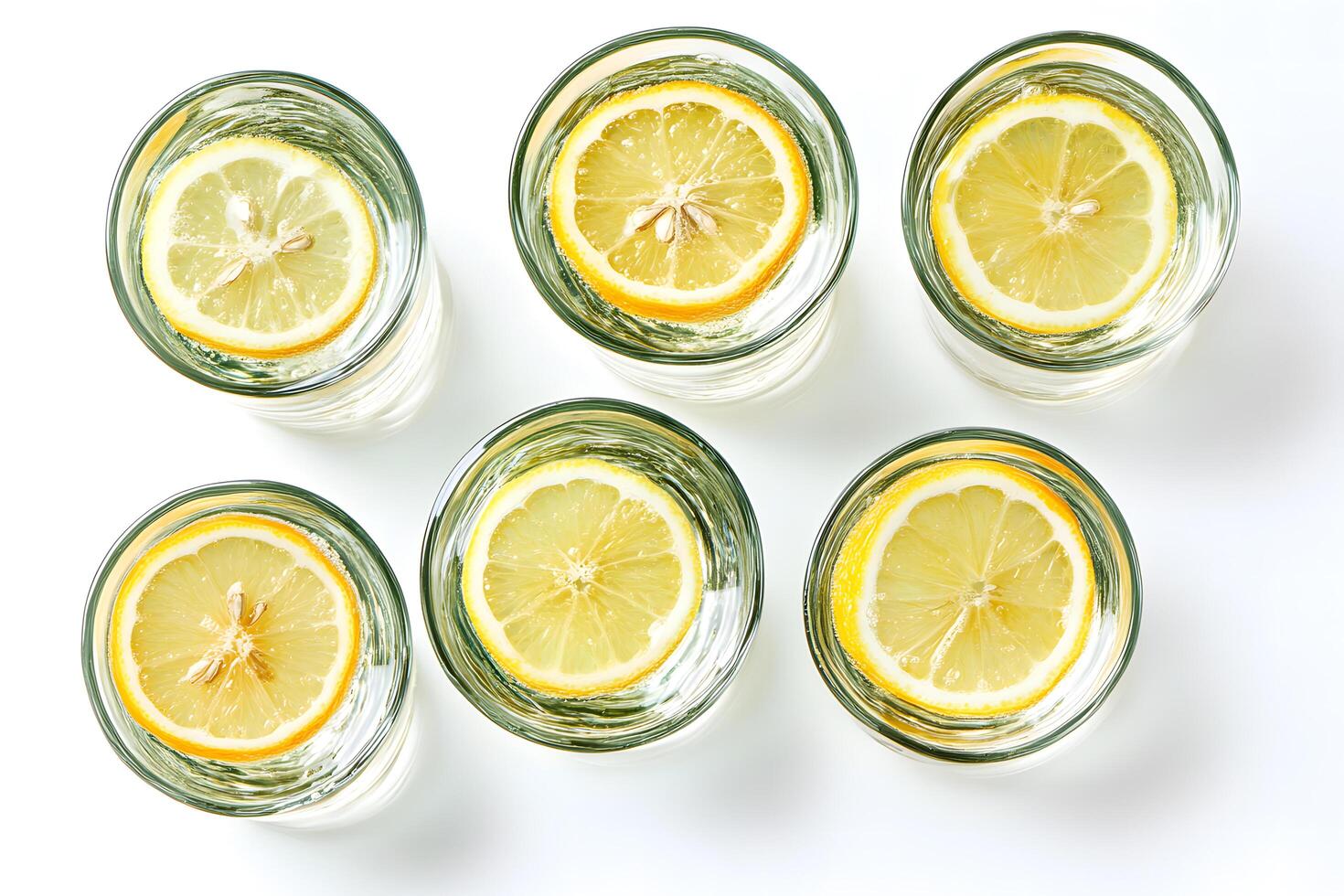 Six glasses sparkle, revealing lemon slices and bubbles within their clear water refreshment photo