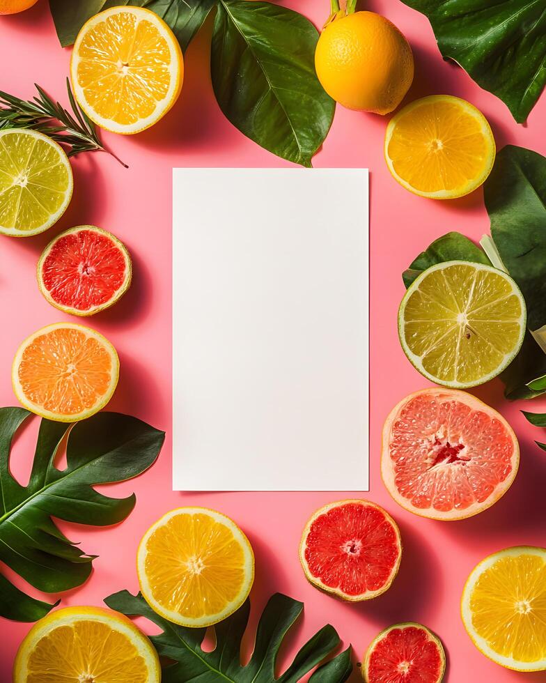 Sliced citrus fruits and large green tropical leaves frame a white sheet on pink photo