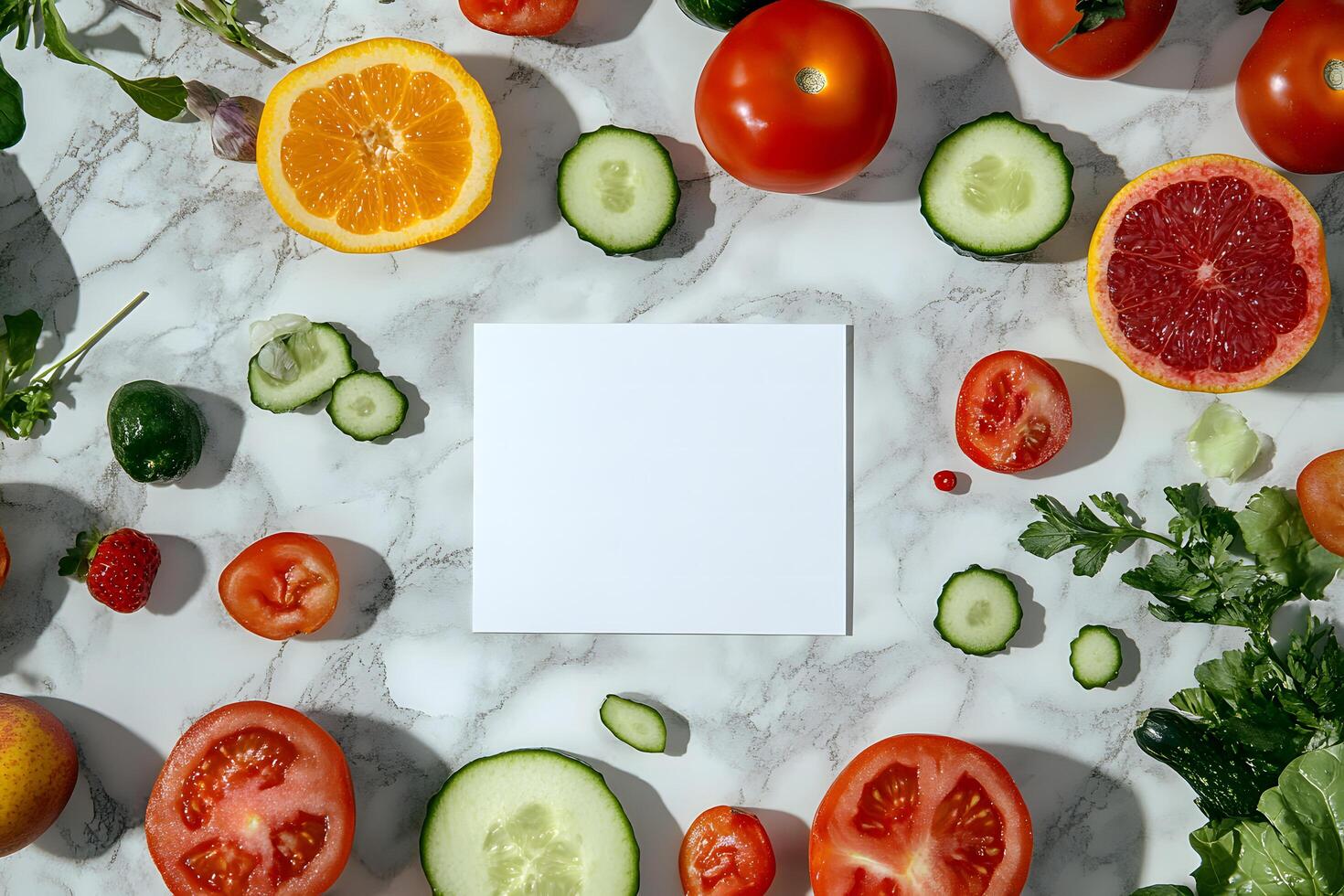 Sliced fresh vegetables and fruits surround a blank white card on marble background photo