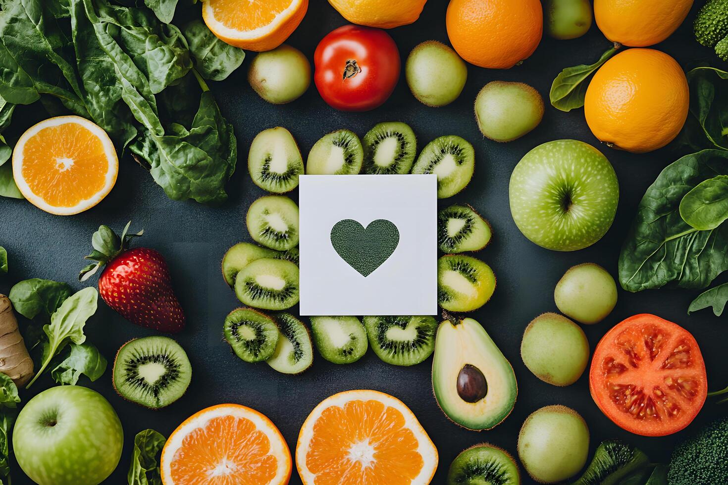 Sliced kiwis surround a white card featuring a green heart on a dark textured surface photo