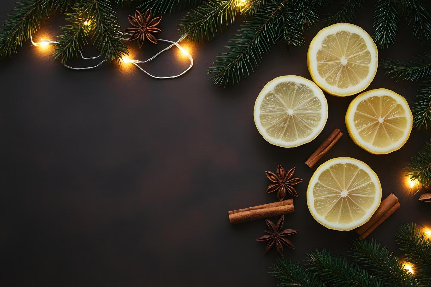 Sliced lemons, anise stars, cinnamon sticks, and pine with festive lights adorn dark surface photo