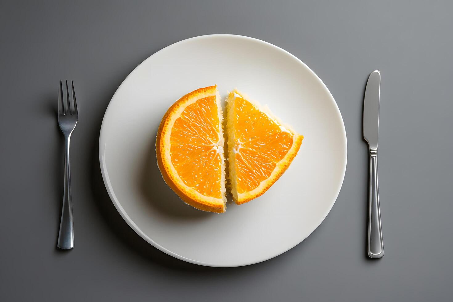 Sliced orange halves served on a white plate between knife and fork on gray photo