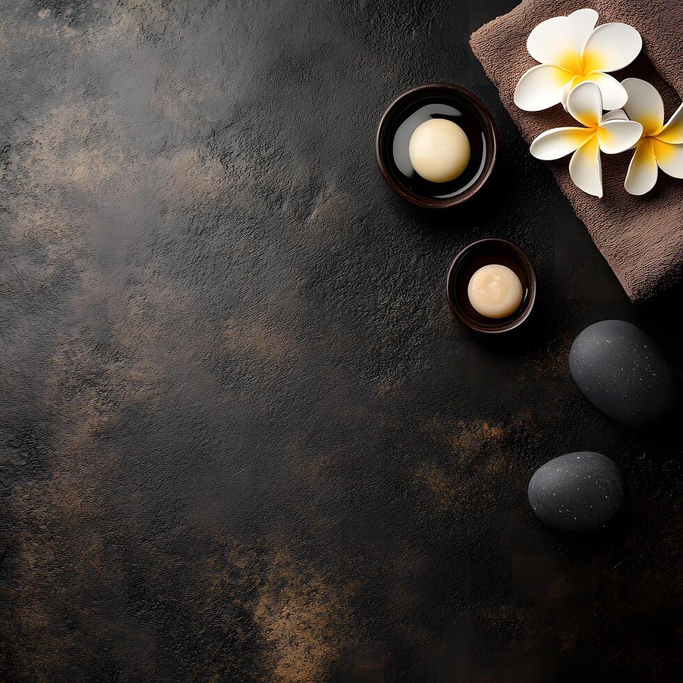 Spa stones, plumeria flowers, and soap in bowls are arranged on textured background photo