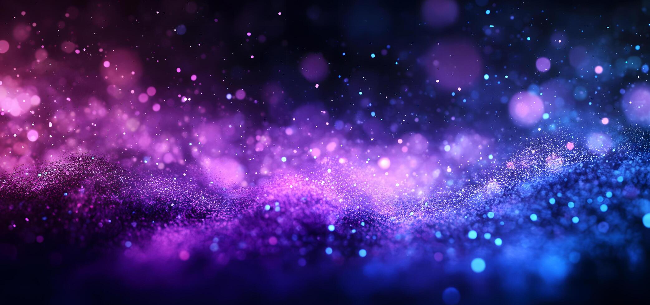 Sparkling cosmos landscape filled with bokeh and glitter particles fades from magenta to blue photo
