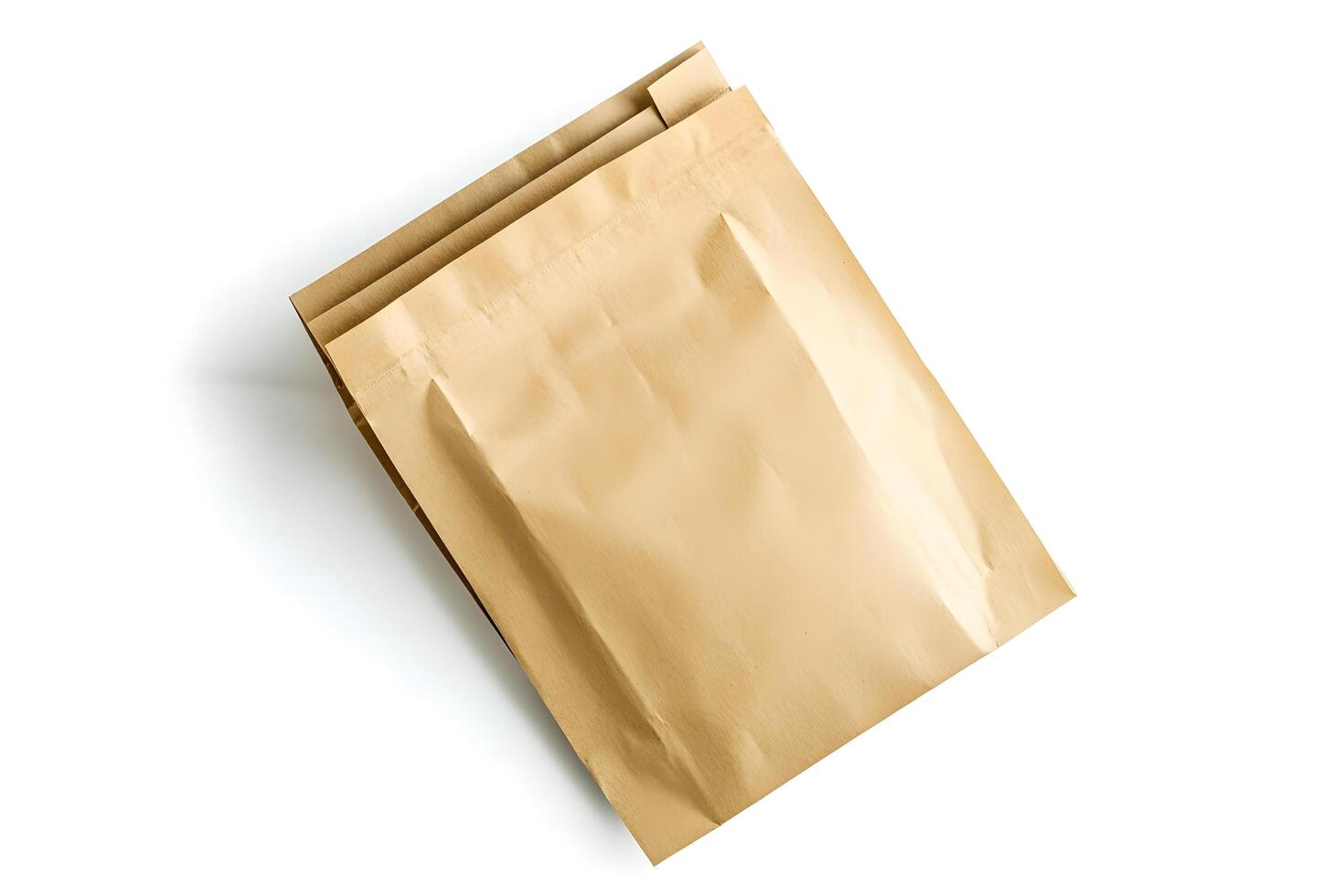 Stacked kraft paper pouches show rustic appeal for sustainable packaging on white backdrop photo
