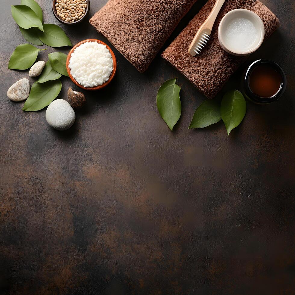 Still life displays brown towels with spa stones and green leaves on dark backdrop photo