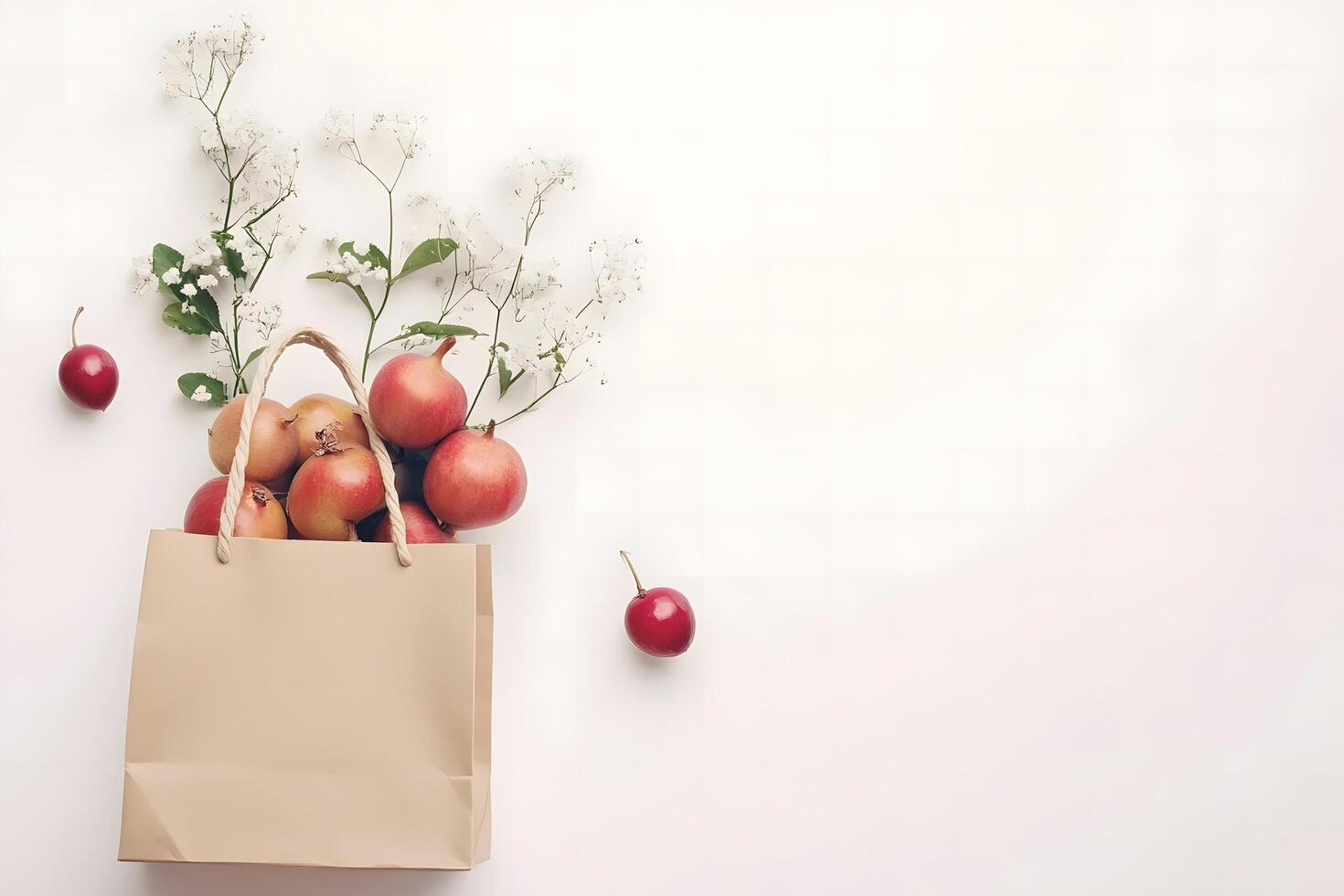 Still life features pomegranates, pears, cherries, and baby's breath spilling from tan paper bag photo