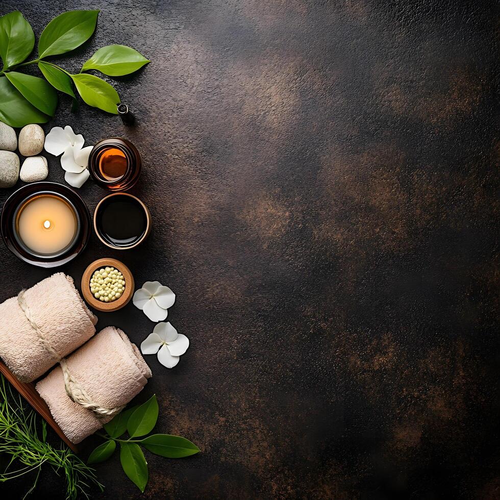 Still life displays rolled towels, candle, stones, petals, oils and leaves on dark textured surface photo