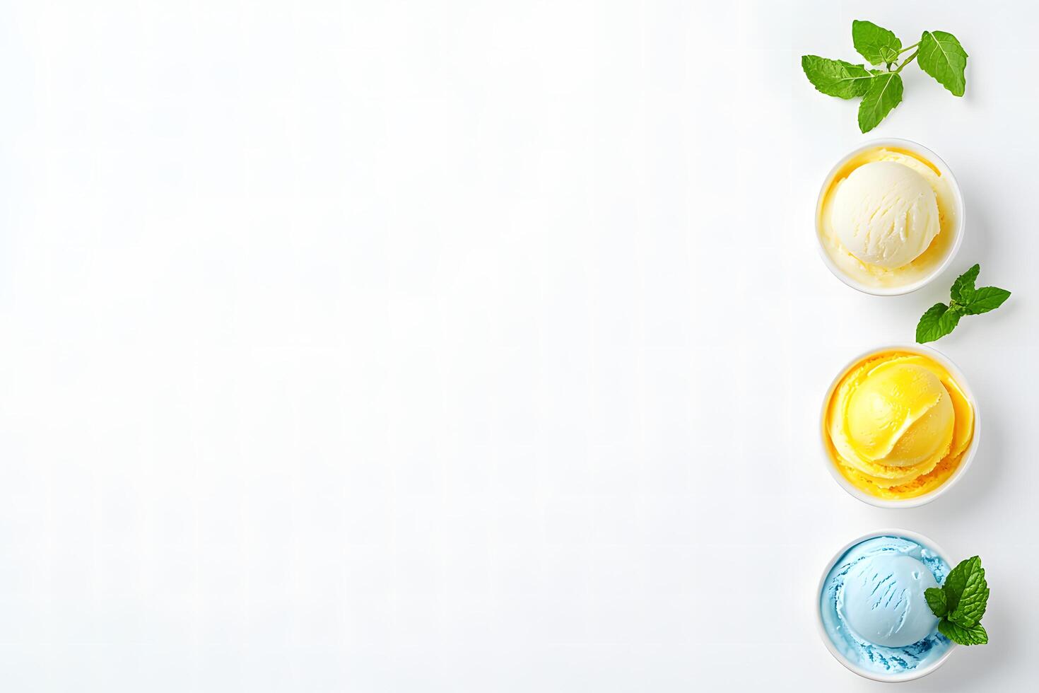 Three bowls hold vibrant ice cream scoops with fresh mint on a bright background photo