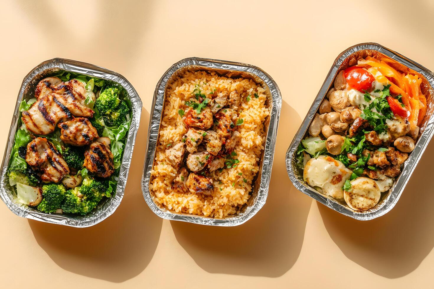 Three foil containers are filled with grilled chicken, various vegetables, and golden rice photo