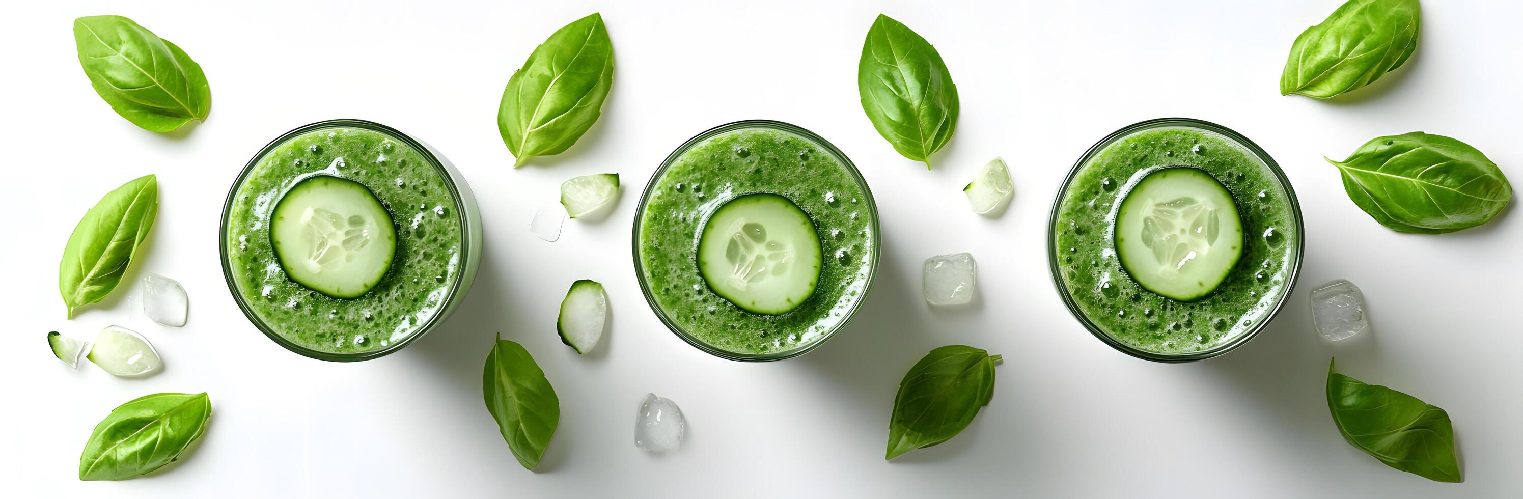 Three glasses contain green juice, topped with sliced cucumber, surrounded by basil leaves and ice photo