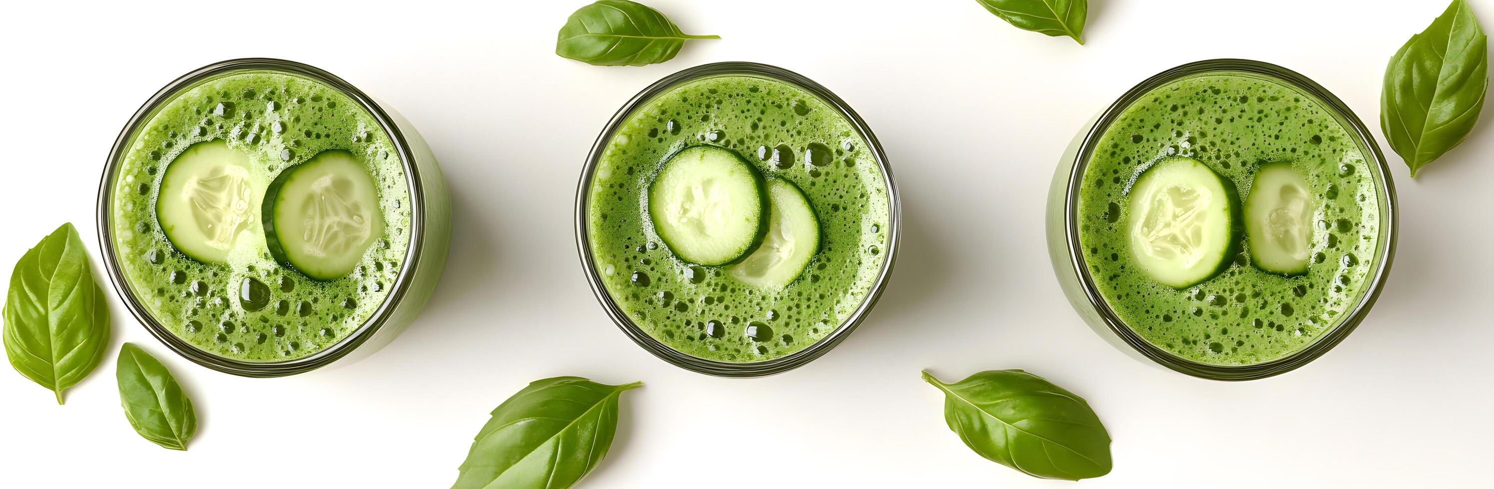 Three glasses display cucumber slices floating within a bright green smoothie, amidst scattered basil leaves photo