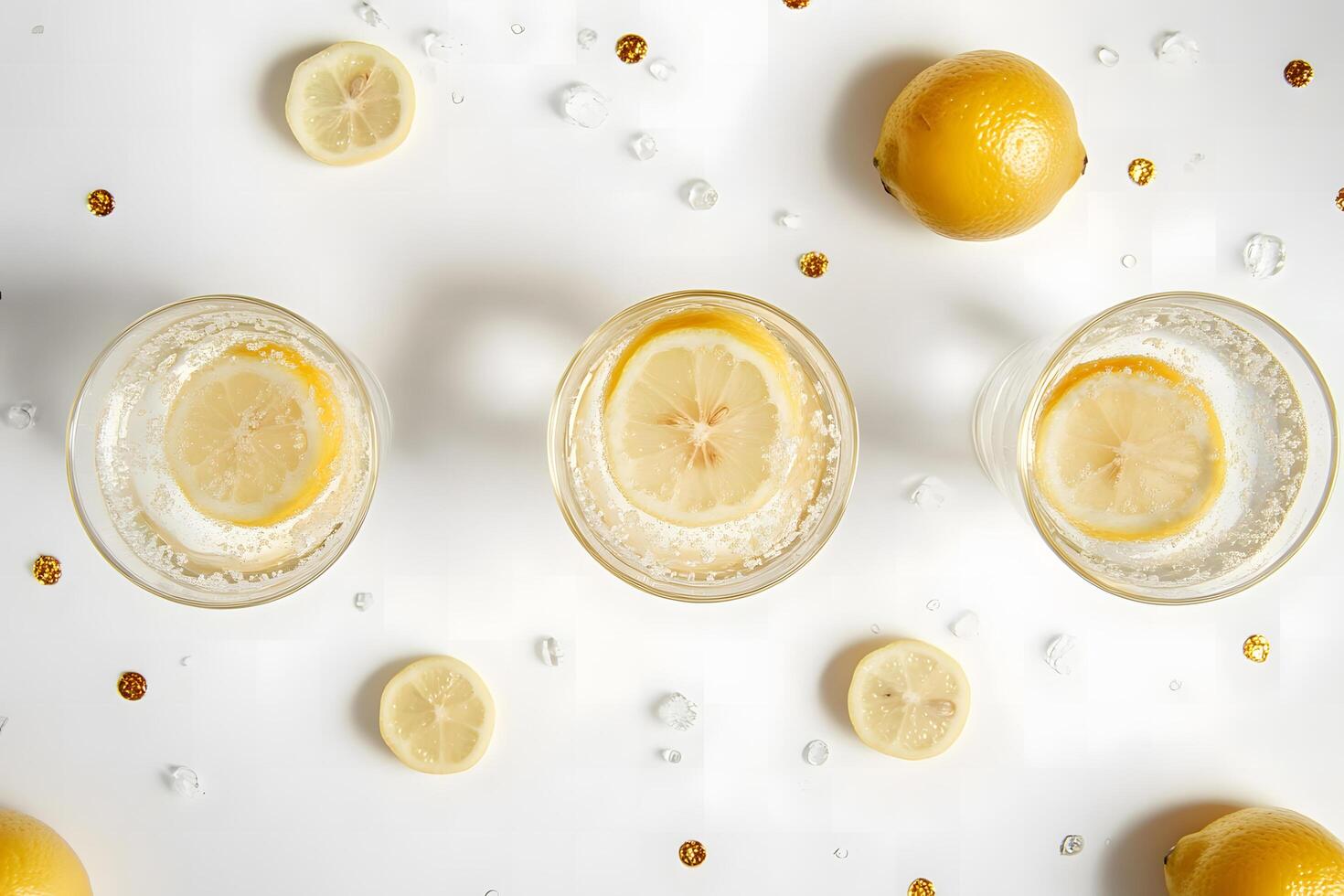 Three glasses of bubbly citrus sparkling water with lemon slices rest amidst gold confetti photo