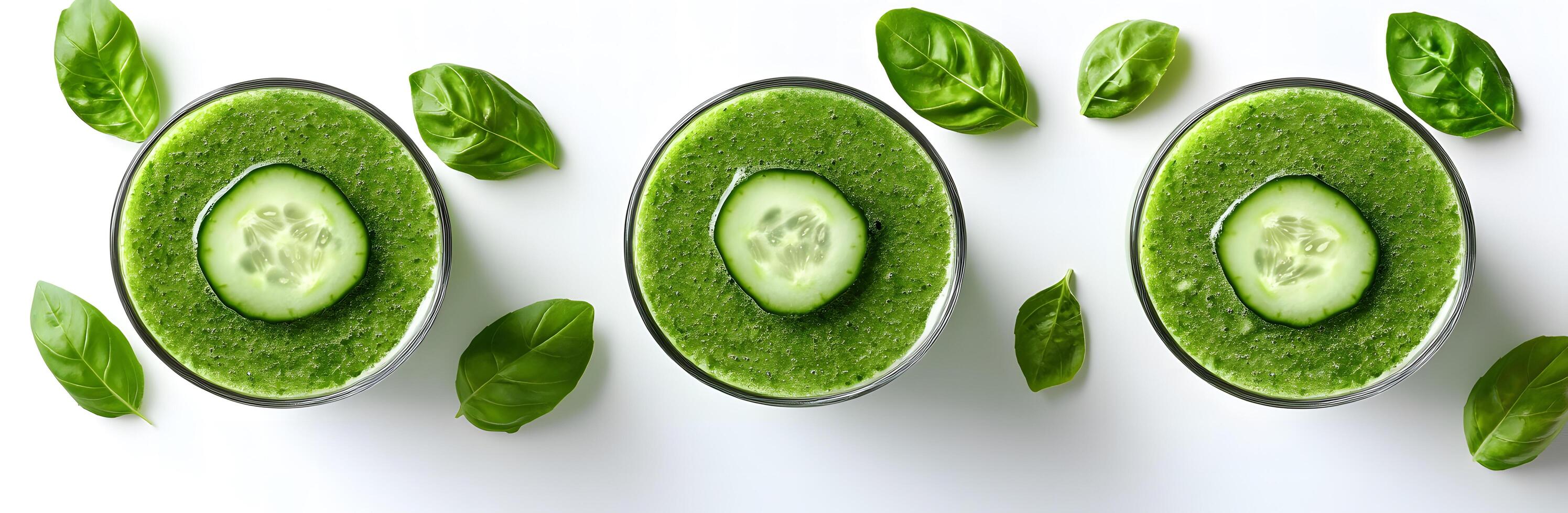 Top view shows three green smoothies with cucumber slices and basil leaves arranged artfully photo