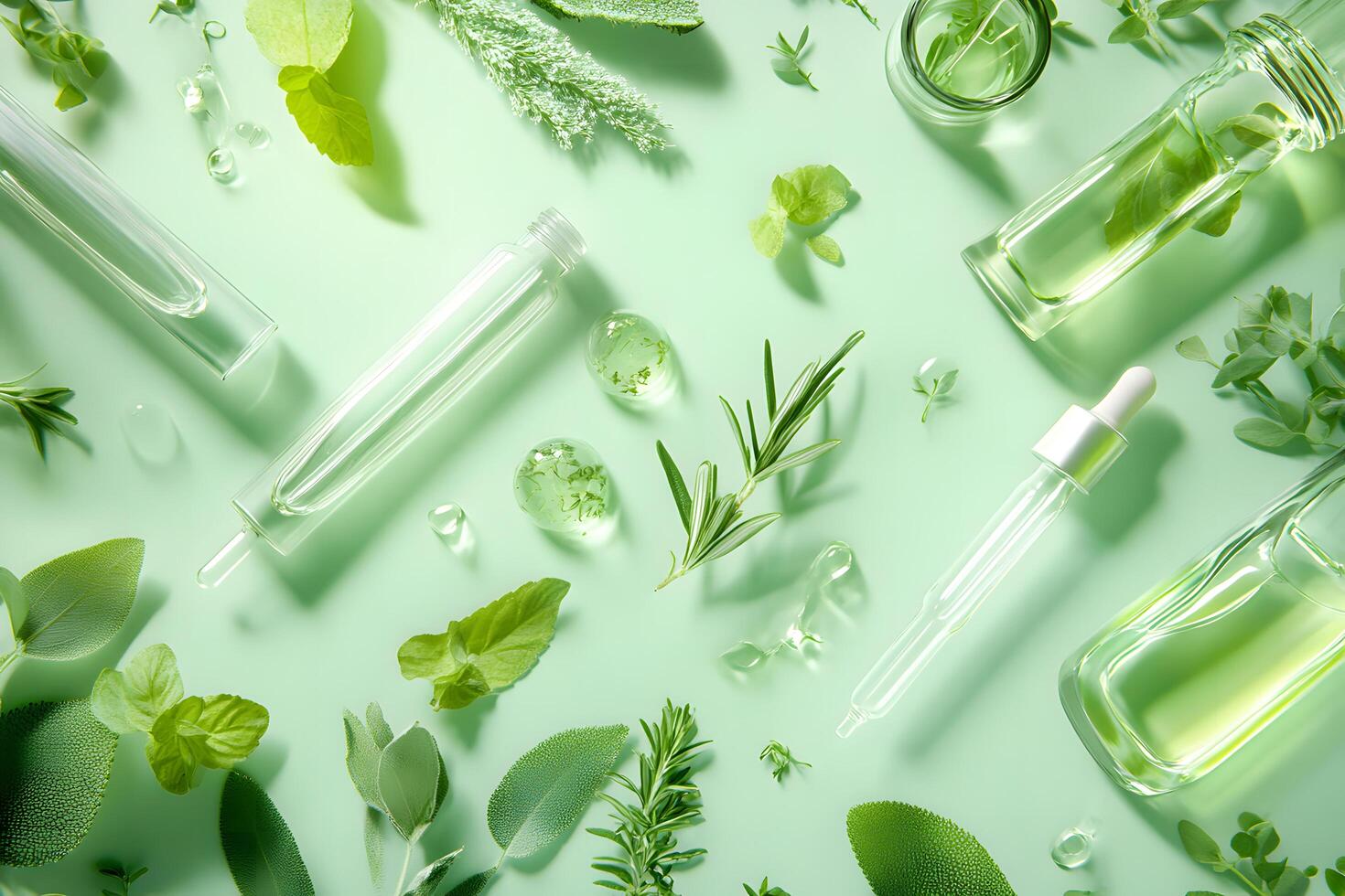 Transparent glassware and green herbs create a fresh, vibrant on a light green backdrop photo