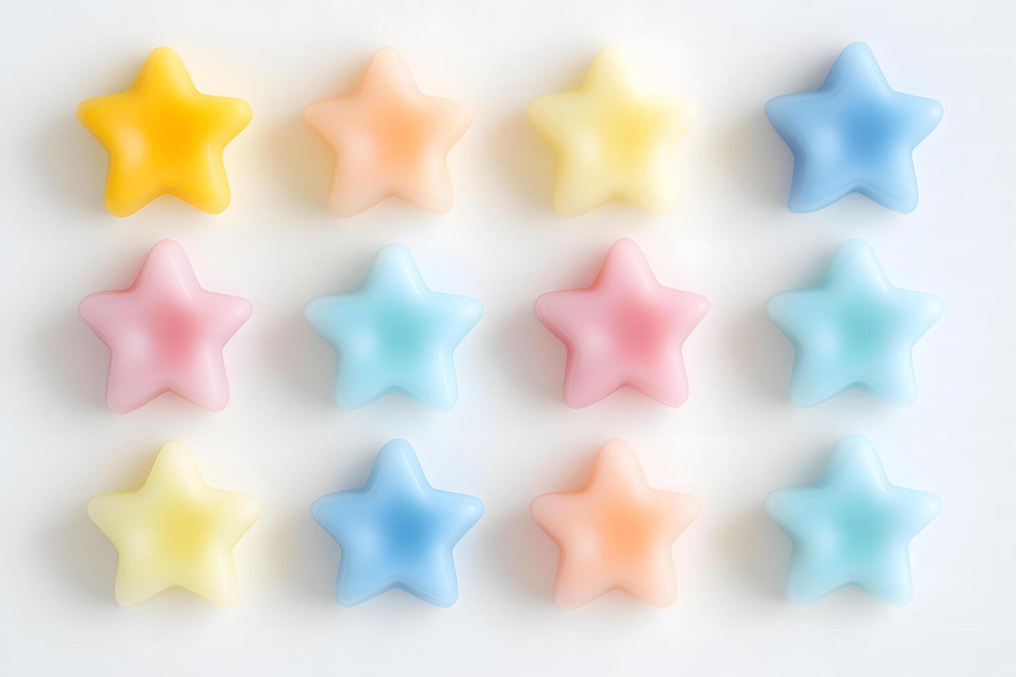 Twelve pastel star shaped candies are arranged in a grid pattern on white photo