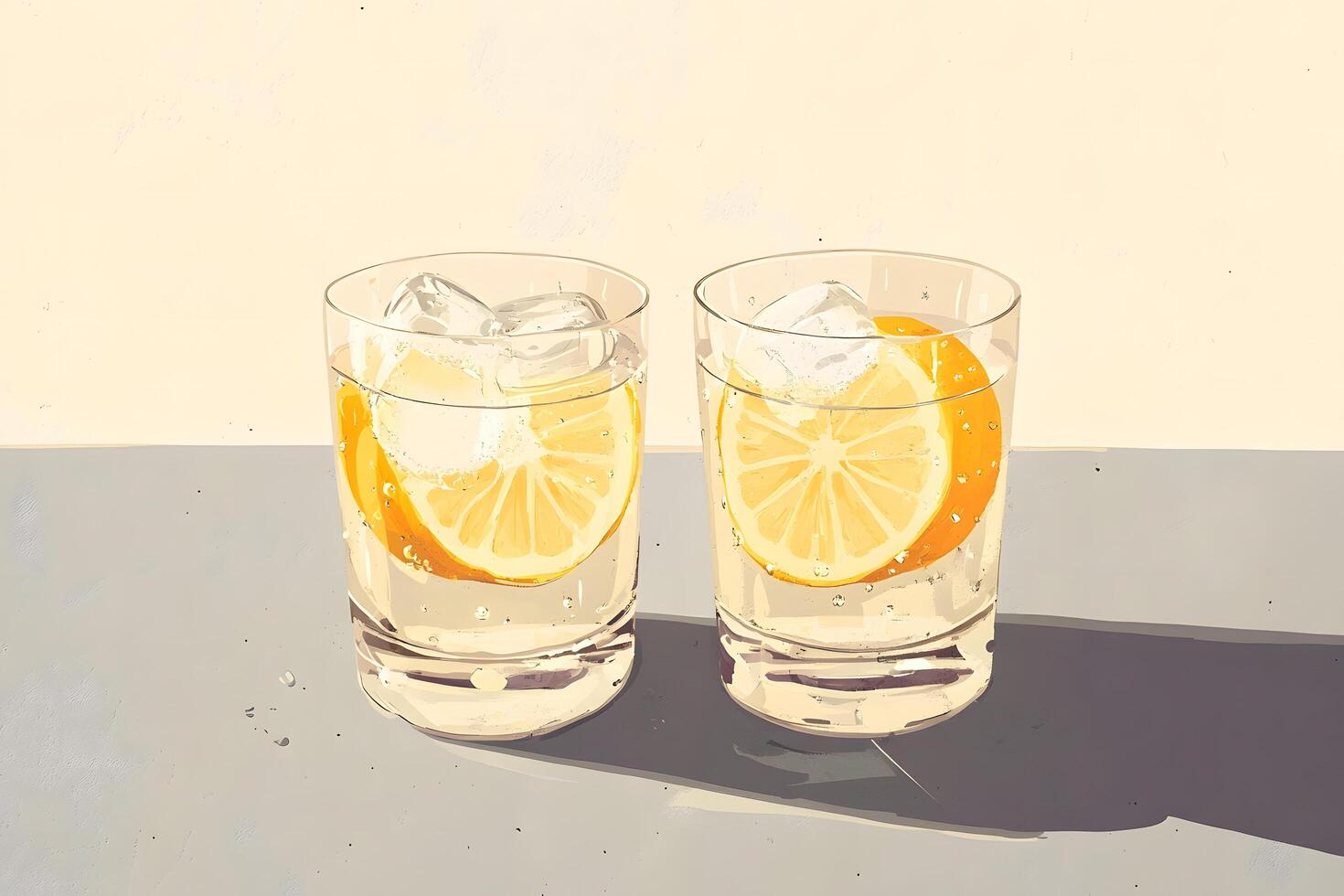 Two clear glasses hold lemonade with ice cubes and a lemon slice on the surface photo