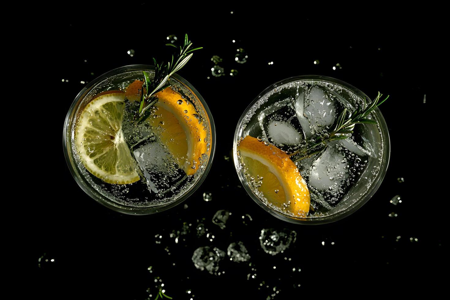 Two gin tonic cocktails sparkle with lemon, orange, rosemary, ice, and refreshing bubbles photo