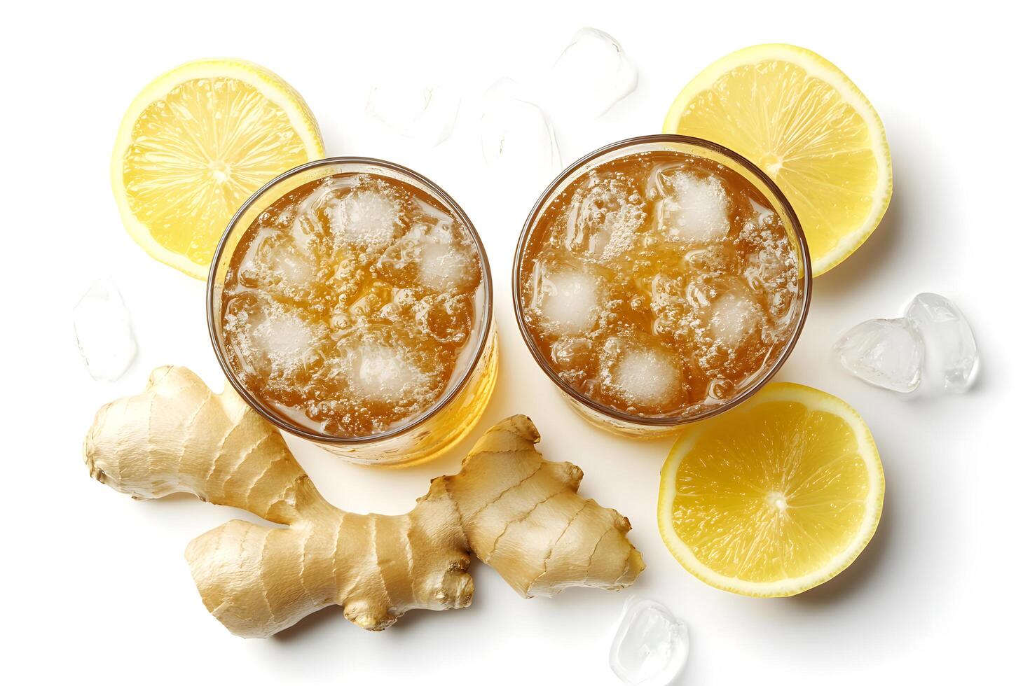 Two glasses contain refreshing ginger drinks with lemon slices and ice cubes photo