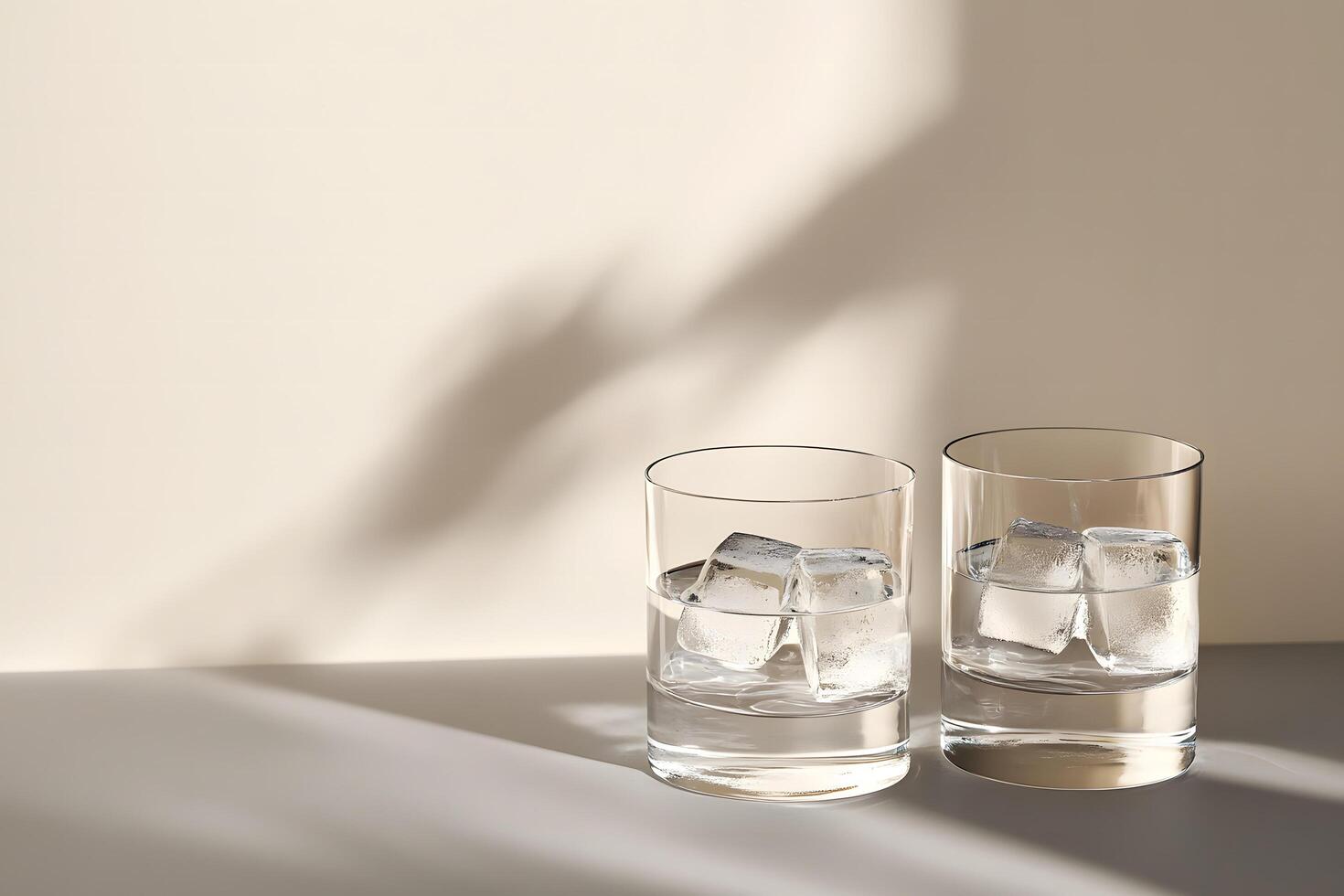 Two glasses of chilled water with ice cubes sit under gentle studio lighting photo
