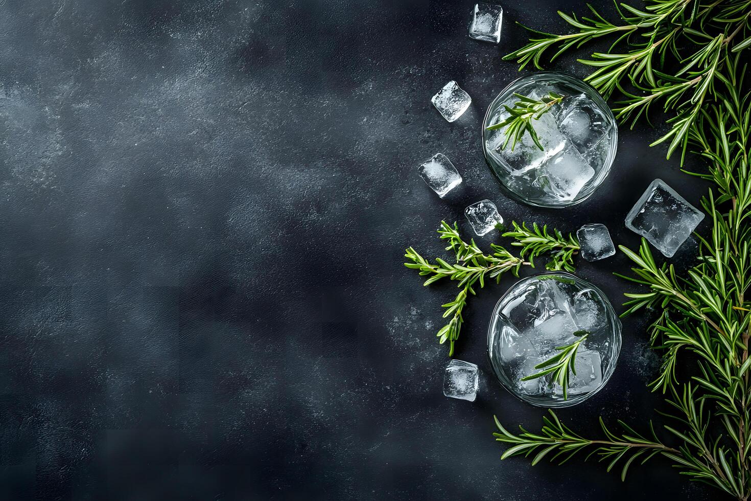 Two glasses of ice water alongside rosemary sprigs sit on a textured dark background photo