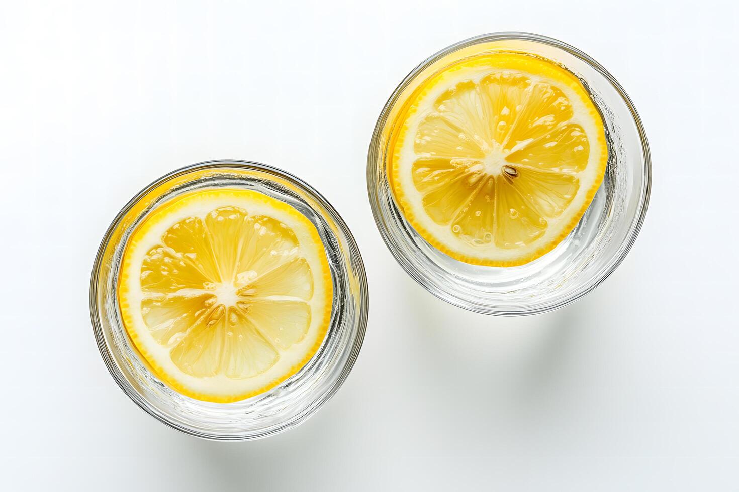 Two refreshing glasses showcase a lemon slice floating within clear, clean water above photo
